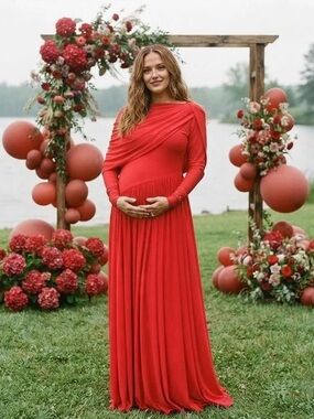 Momyknows Red Off Shoulder Maternity Baby Shower Maxi Dress